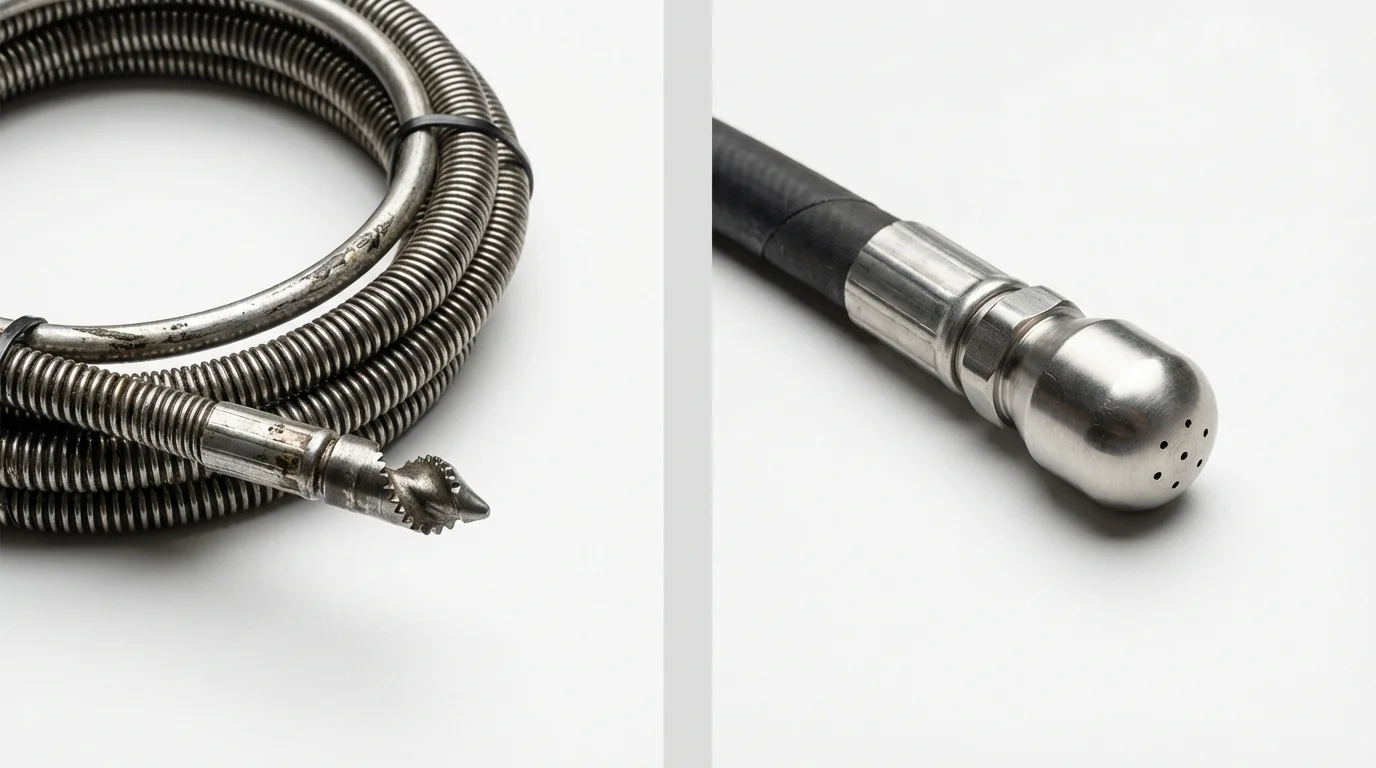 Drain snake cable and hydro jetting nozzle used for drain cleaning in Carthage, IL