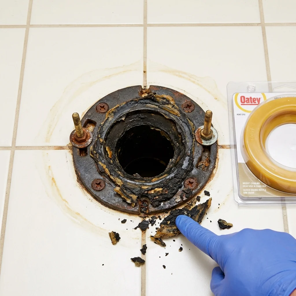 Failed wax ring showing water seepage at the base of a toilet in a Carthage, IL home