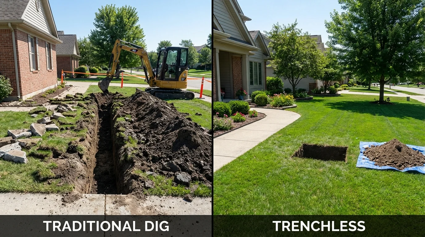 Trenchless sewer repair with minimal yard damage versus traditional excavation in Carthage, IL