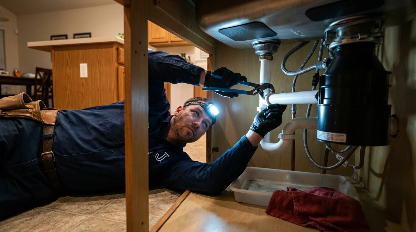 P-trap and supply line connections under a kitchen sink showing a common leak point in Carthage, IL